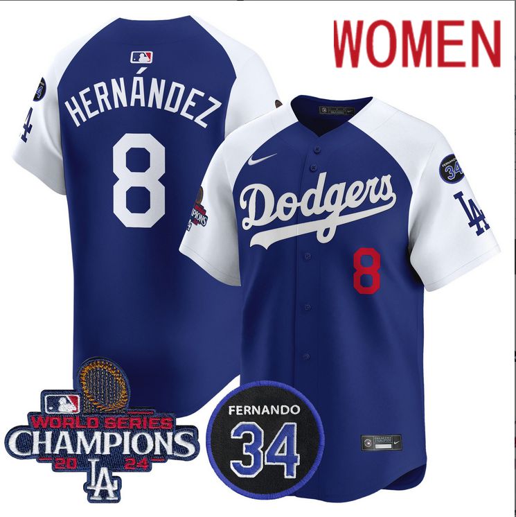 Women MLB Los Angeles Dodgers #8 Hernandez blue 2024 World Series Champions Patch Limited Jersey style 5->women mlb jersey->Women Jersey
